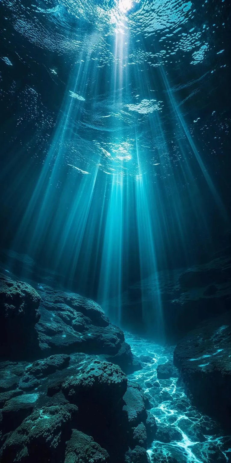 Dive into the depths with this stunning underwater 4K wallpaper, perfect for your iPhone. Gaze upon the piercing sun rays cutting through the deep blue, the textured rocks, and the clear, shimmering water in this captivating wallpaper.