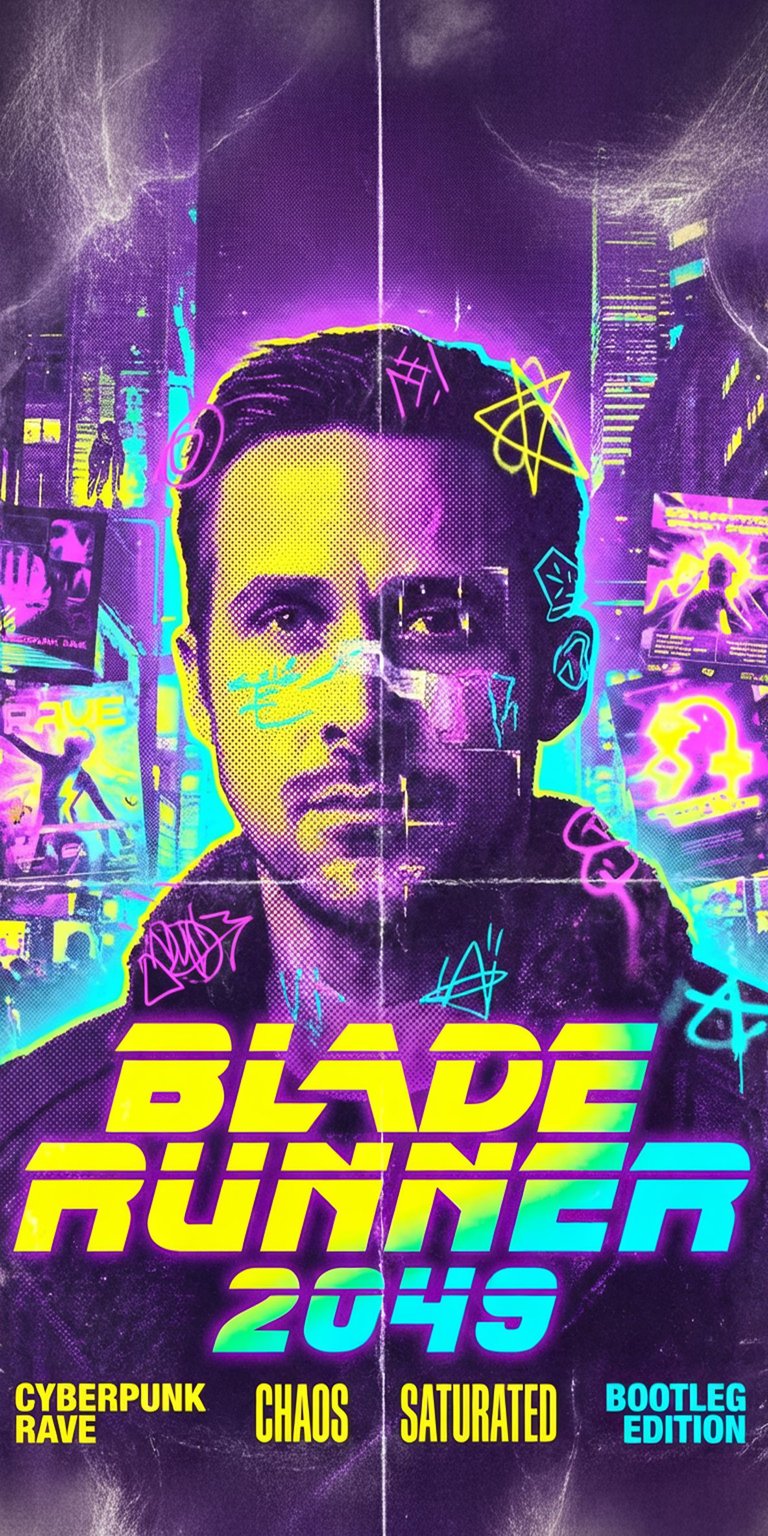 A vibrant, neon-drenched portrait of Ryan Gosling as Officer K from Blade Runner 2049. This aesthetic blends the dark atmosphere of the cyberpunk future with bold, glowing graffiti and a synthwave color palette. Perfect for fans of sci-fi cinema and a gritty, stylish look.