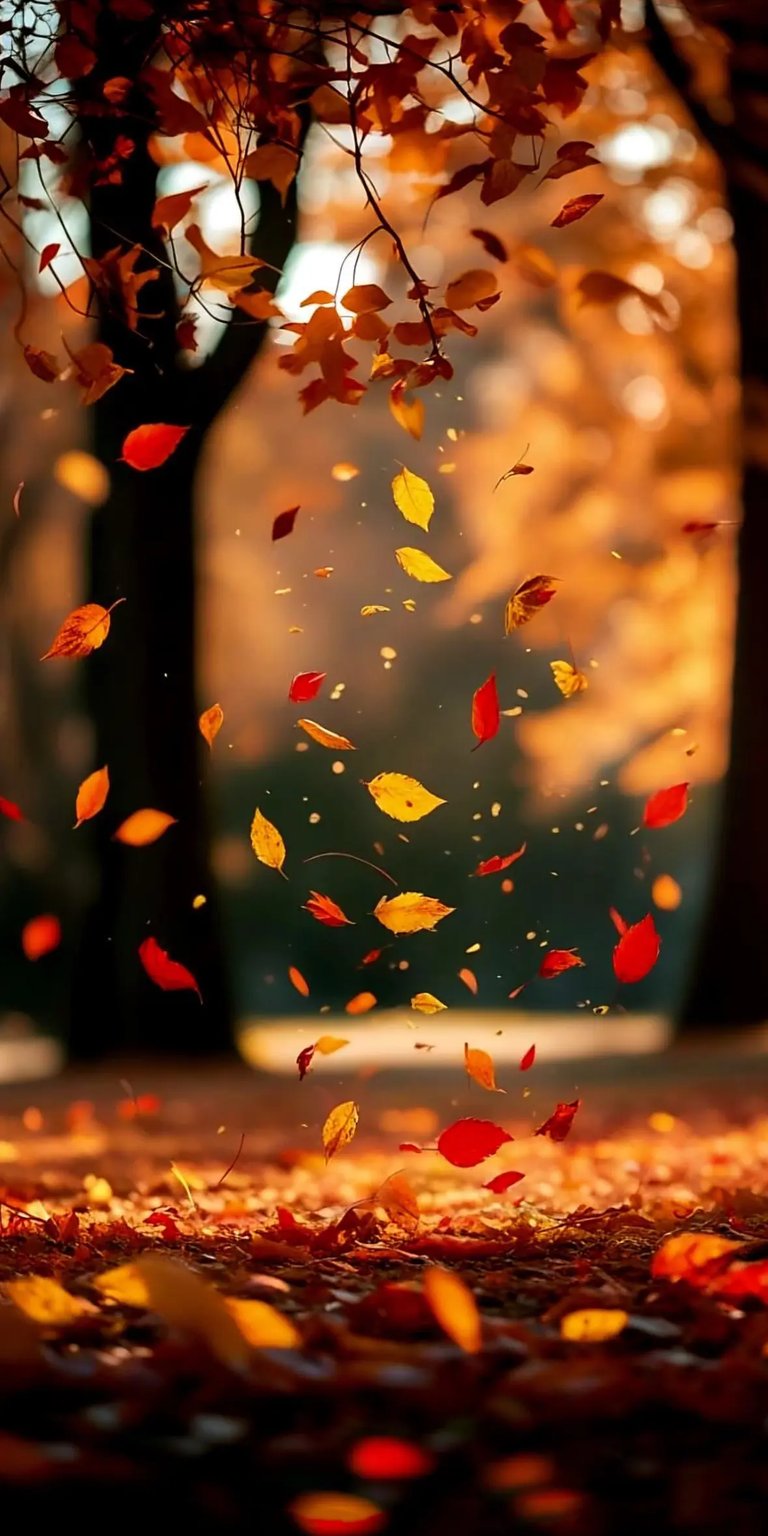 This 4K static wallpaper features a vibrant display of orange and red autumn leaves cascading through a sun-drenched forest. Designed for iPhone, this aesthetic wallpaper captures the warm lighting and shallow depth of field of a crisp fall afternoon.