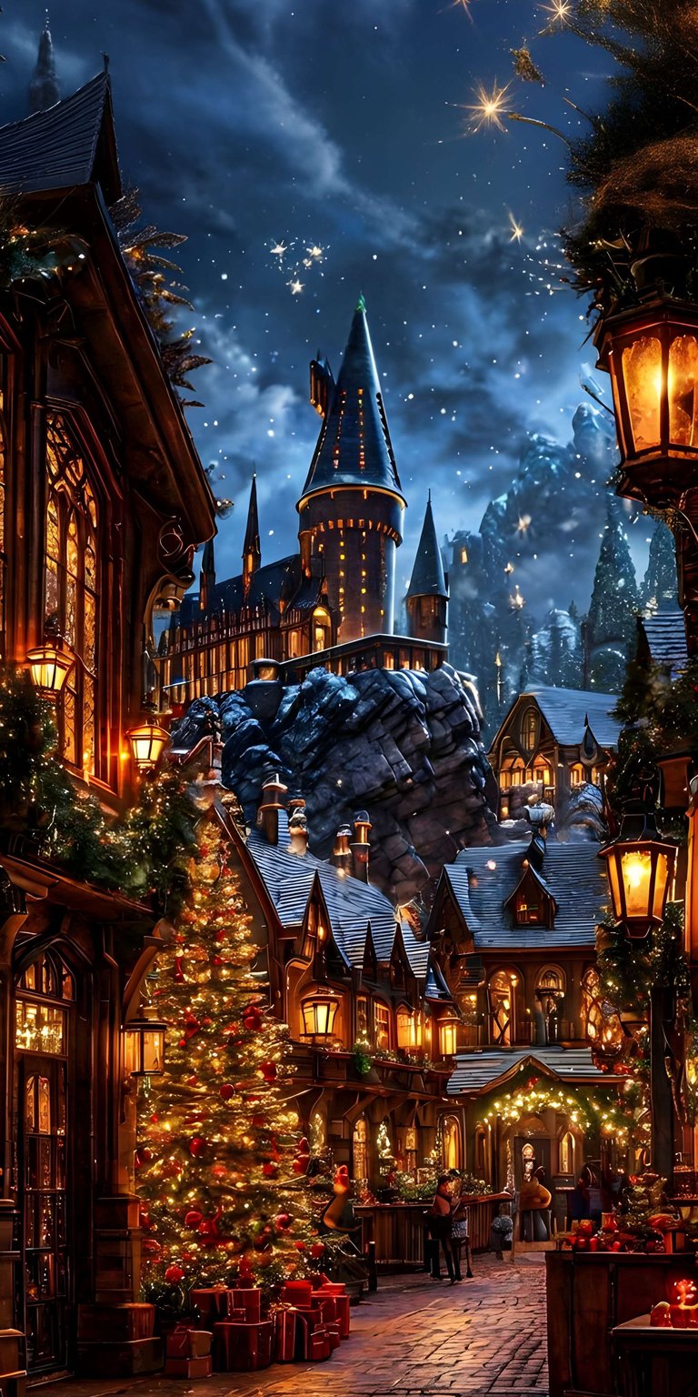 Immerse yourself in a magical holiday scene with this stunning Hogwarts 4K wallpaper, perfect for your iPhone. The image features a beautifully decorated Christmas tree, twinkling lanterns lining the cobblestone streets, and Hogwarts castle illuminated against a starry night sky, making it a perfect Christmas wallpaper.