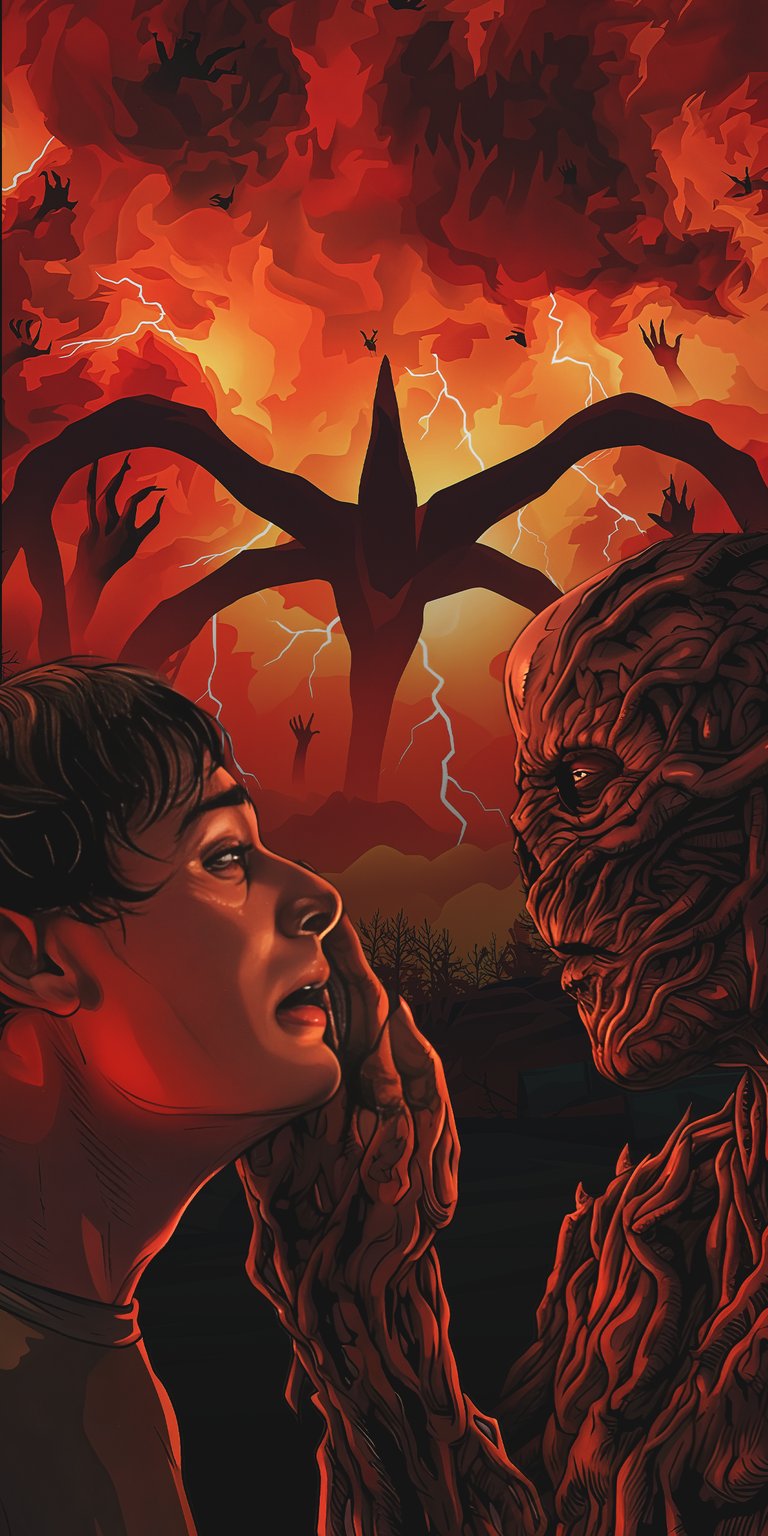 Download this striking Stranger Things Vecna 4K wallpaper for your iPhone! This wallpaper features Vecna, Will, and the Mind Flayer against a backdrop of red storm clouds and ominous floating hands.