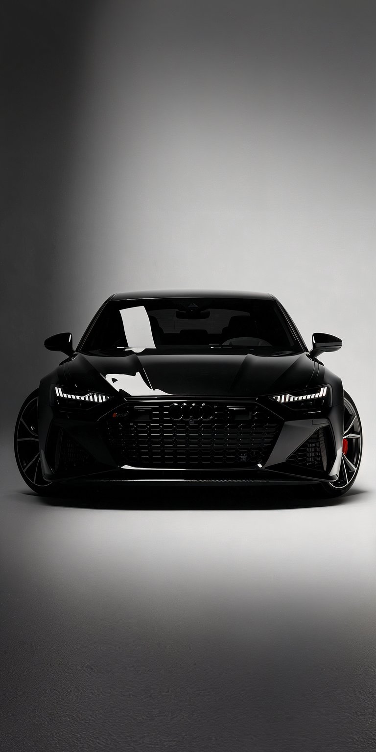 Enhance your iPhone with this high-contrast Black Audi RS6 Avant 4K wallpaper featuring a sleek, dark aesthetic. This OLED / AMOLED wallpaper showcases the aggressive front grille and signature LED headlights against a minimalist grey studio background.