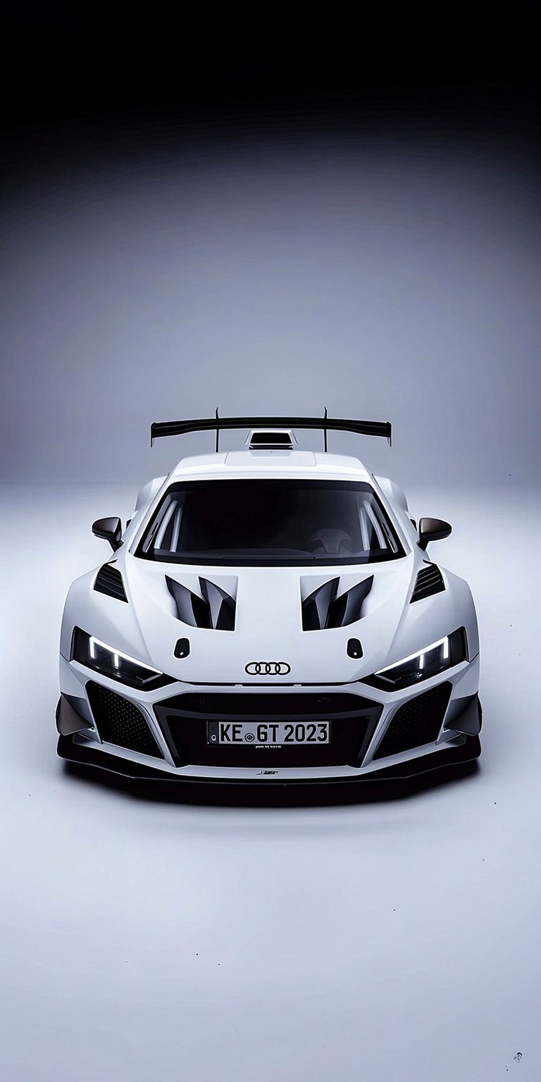 Audi R8 4K wallpaper featuring a front-facing white supercar under dramatic lighting. This aesthetic wallpaper highlights wide stance, sharp headlights, and aggressive body lines, perfect for iPhone lock screen and home screen displays.