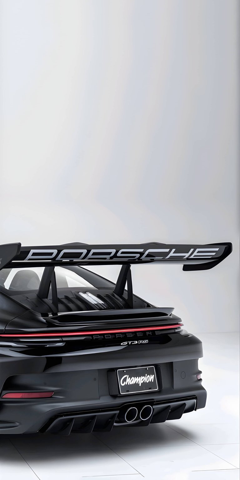 Get this Porsche GT3 RS 4K wallpaper for your iPhone, showcasing its prominent spoiler that spells out “Porsche.” Notice the sleek red taillight strip and the "Champion" branded license plate.