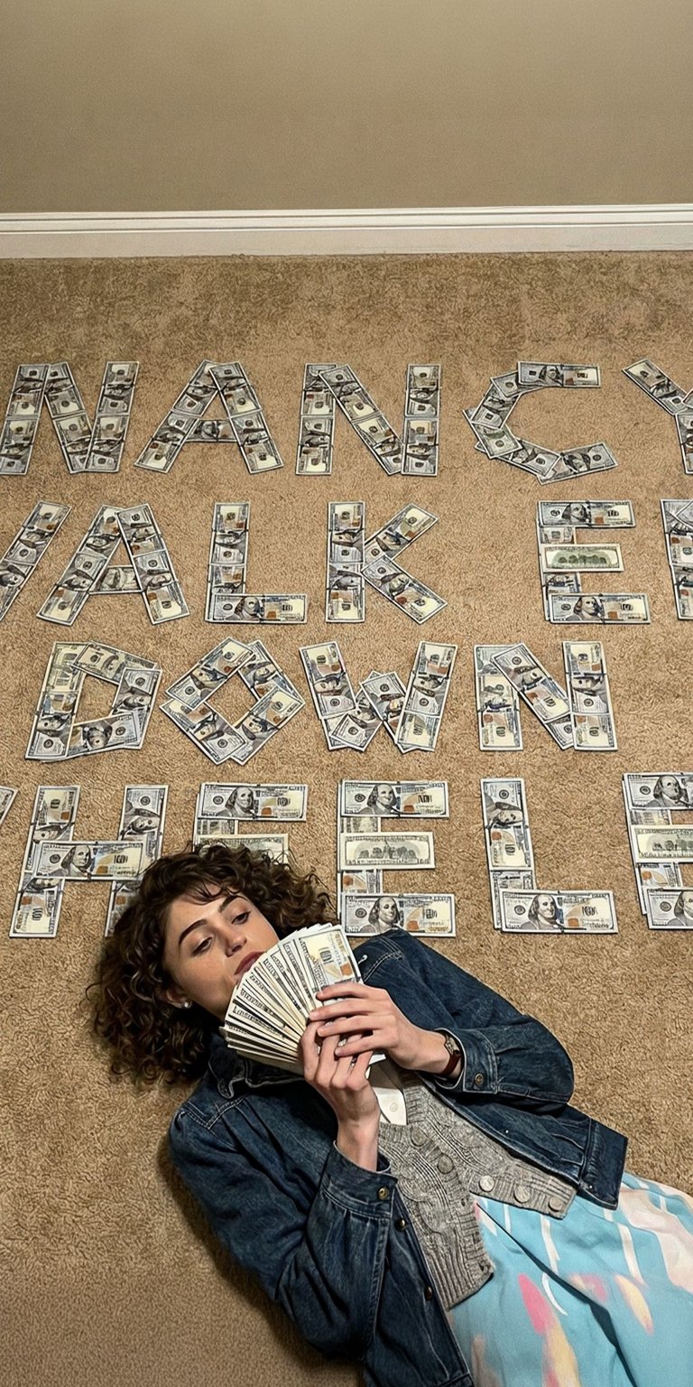 Download this Natalia Dyer 4K wallpaper for your iPhone, featuring money letters spelling out "Nancy Walked Down To Hell". This unique wallpaper showcases a blue dress and denim jacket for added style.