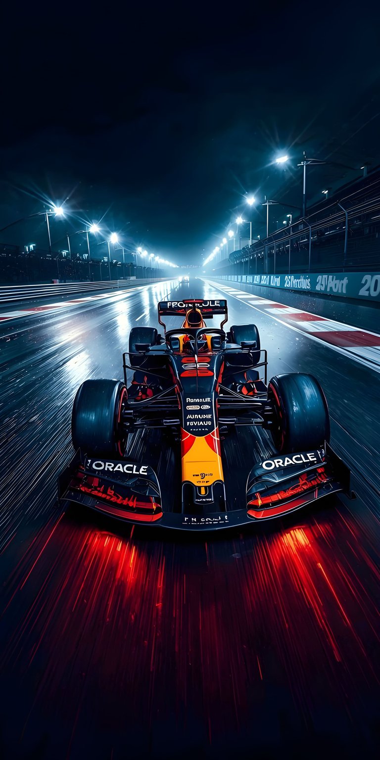 This premium 4K wallpaper features Max Verstappen’s iconic Red Bull Racing car in a stunning front-facing symmetrical composition. It is an ideal high-resolution wallpaper for iPhone that highlights the Oracle and Mobil 1 branding against a futuristic, neon-lit paddock background.