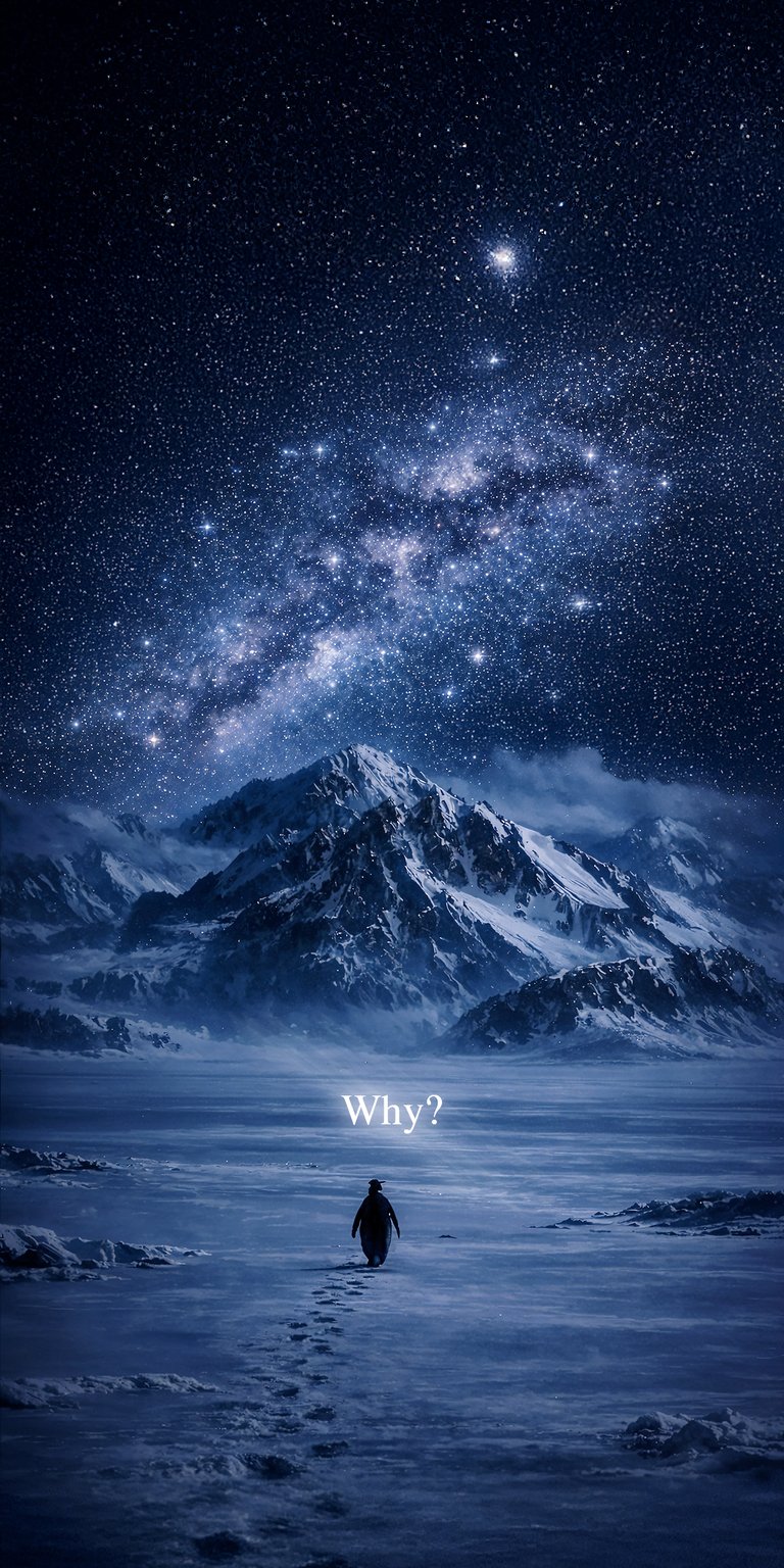 A lone penguin stands beneath a brilliant Milky Way galaxy and a glowing "Why?" quote in this stunning 4K wallpaper. This iPhone wallpaper blends the cold beauty of a snowy mountain with the cosmic wonder of a star-filled night sky.