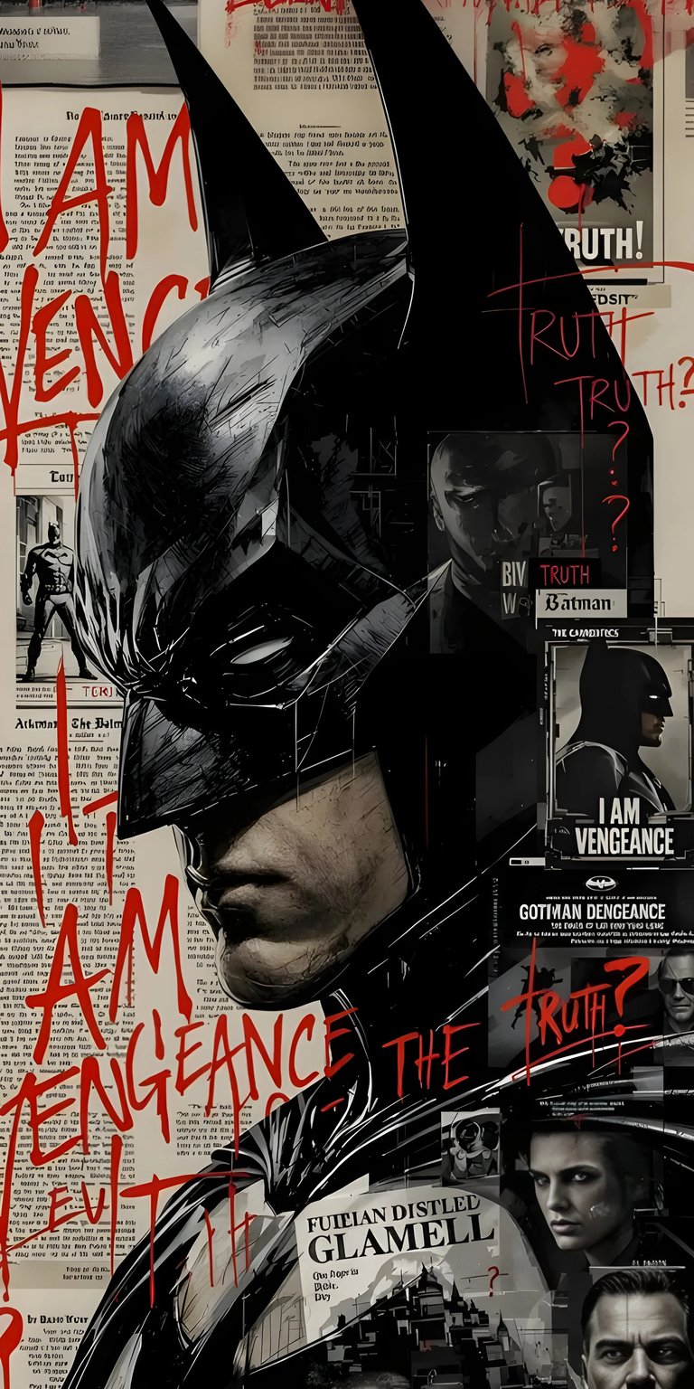 Get this stylish Batman wallpaper for your iPhone in stunning 4K resolution. This wallpaper features a collage-style design, with red, dripping letters and articles that reads 'I am Vengeance'.