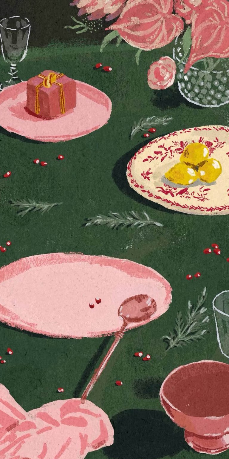 Brighten your mobile device with this vintage picnic 4K wallpaper featuring a charming dinner setting and soft pastel textures. This aesthetic wallpaper highlights flat-lay illustration style with pink plates and festive greenery for a cozy home screen.