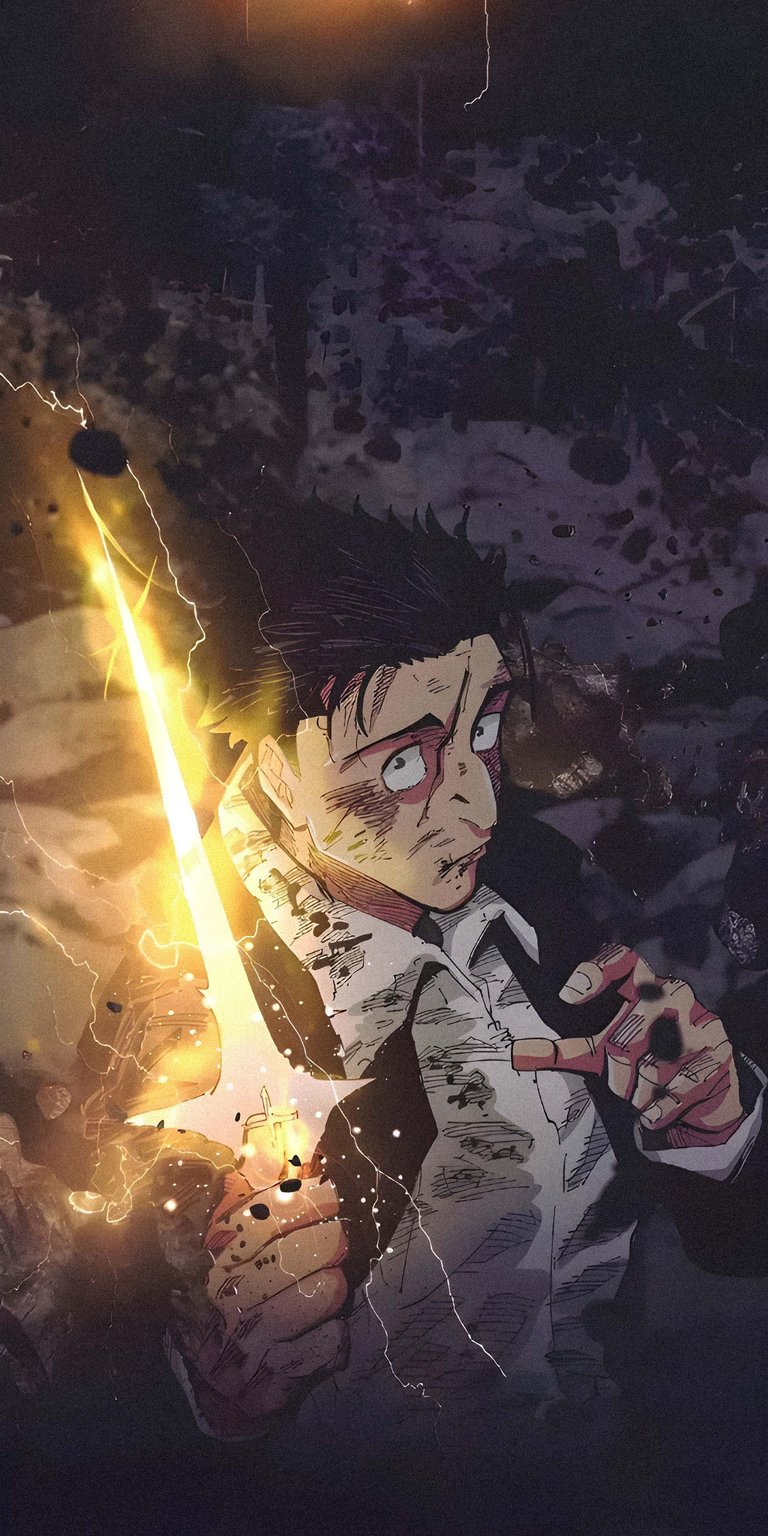 Download this Yoshida 4K wallpaper for your iPhone, featuring the character in a suit amidst a destroyed environment, illuminated by yellow lightning. This wallpaper highlights his intense stare and bloodied face.