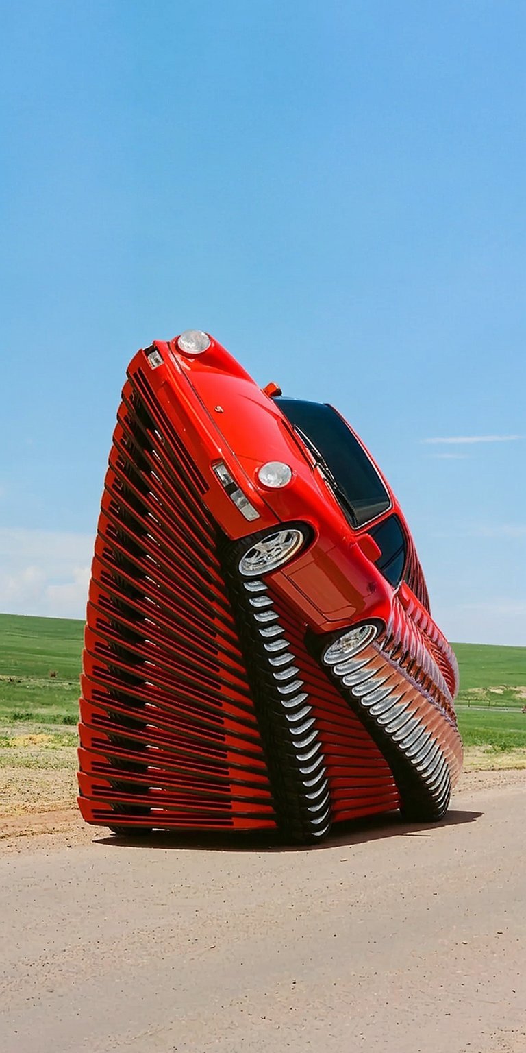Show off your unique style with this Porsche 911 4K wallpaper for your iPhone! Featuring a distorted Porsche 911 with stacked repetitions against a blue sky and grassy plains, this wallpaper is sure to impress.
