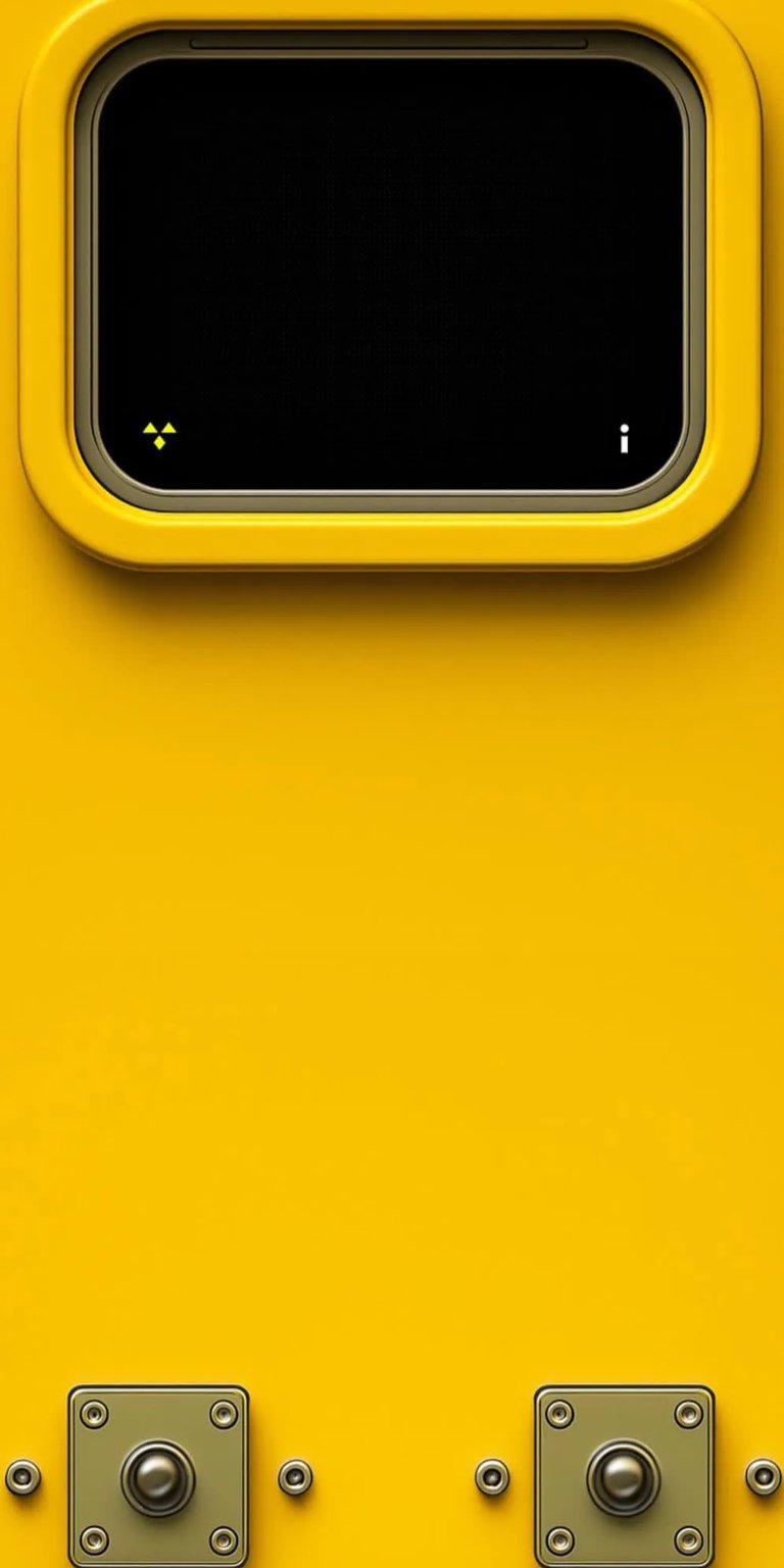 Download this unique yellow panel 4K wallpaper for your iPhone, showcasing a screen with a radioactive symbol and a sleek interface. This captivating wallpaper also features two detailed metal knobs.