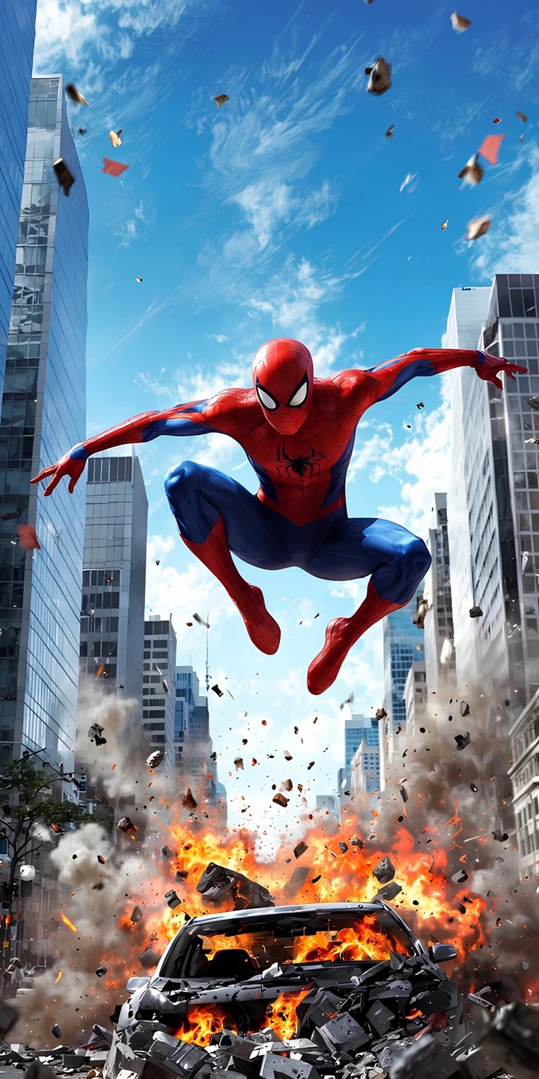 Download this Spiderman wallpaper in stunning 4K for your iPhone, showcasing him mid-air above a destroyed car engulfed in flames. With blue skies and skyscrapers in the background, this wallpaper captures Spiderman's heroic essence.