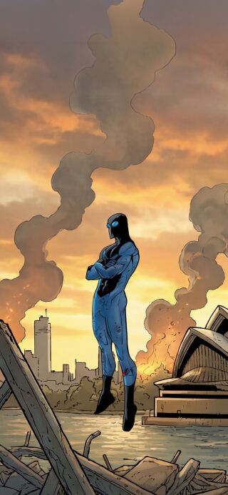 Experience the epic Earth X Universe with this stunning 4K wallpaper! Featuring a figure in a blue suit standing amid the ruins, with the Sydney Opera House and smoking buildings as visual details, this wallpaper is perfect for your iPhone.