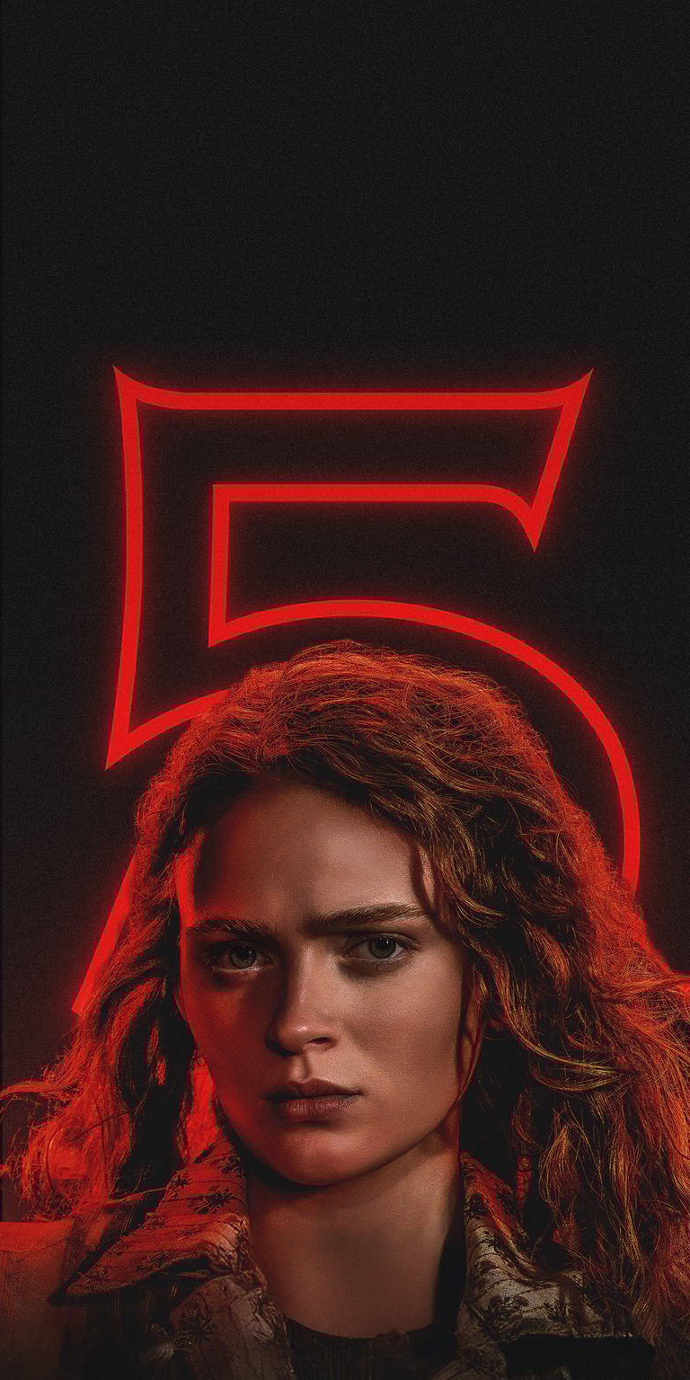A powerful 4K portrait of Sadie Sink as Max Mayfield, with her hair dramatically lit by the massive, glowing red neon '5' outline (representing Season 5). This high-impact wallpaper captures her intense look and is a striking background for Stranger Things fans.