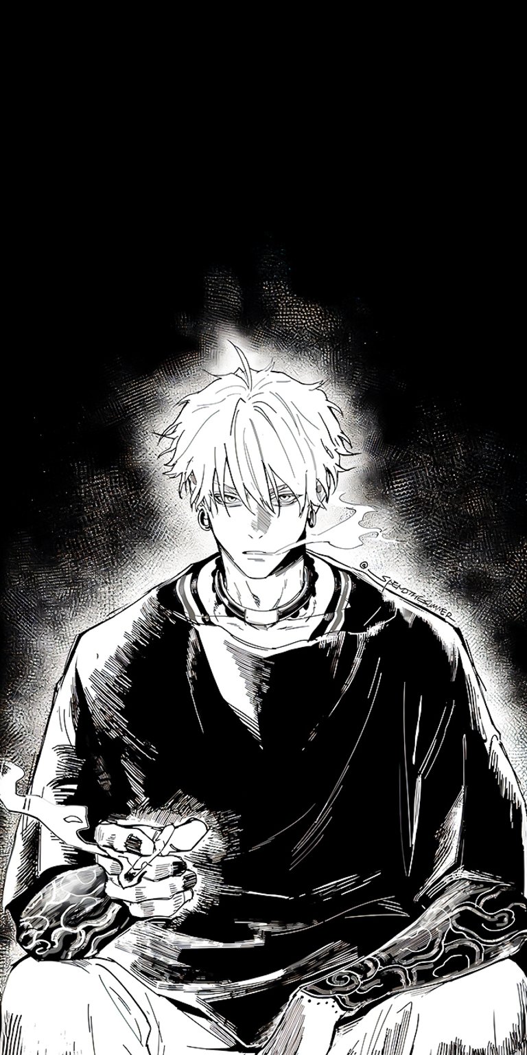 A powerful and atmospheric black-and-white illustration of Satoru Gojo, widely recognized as the strongest sorcerer in the world from the Jujutsu Kaisen series. This artwork captures his intense presence in a style often compared to the manga Gachiakuta. Perfect for fans of the anime and those who enjoy a dark, cinematic, and epic aesthetic for their screen.
