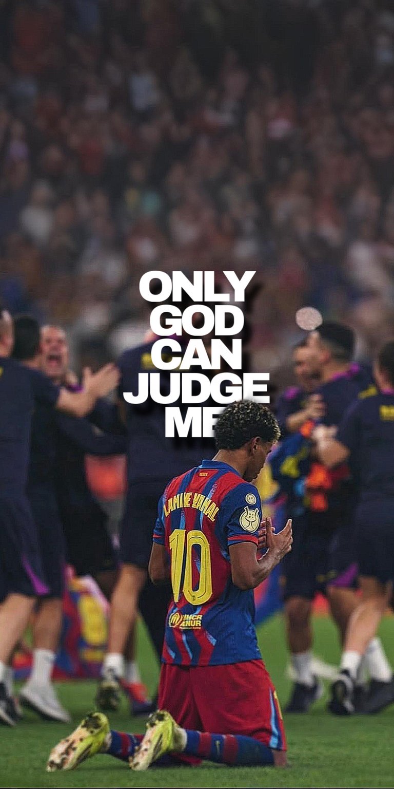 This Lamine Yamal 4K wallpaper features the Barcelona prodigy kneeling in prayer with "Only God Can Judge Me" text. A stunning iPhone wallpaper that captures the spiritual and emotional side of the Spanish league's youngest star.