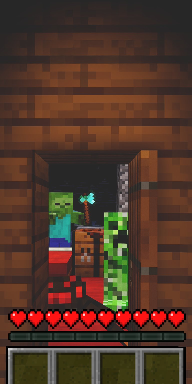 Download this vibrant Minecraft zombie and creeper 4K wallpaper for your iPhone! This wallpaper features a creeper and zombie next to a crafting table with a diamond axe inside a wooden house with health bars at the bottom.