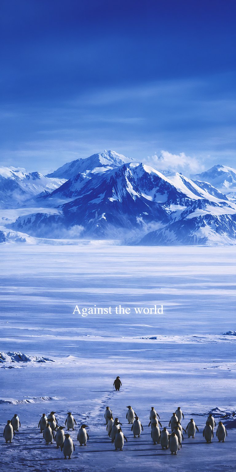 This 4K wallpaper for iPhone features a vast Antarctic colony of penguins standing against a backdrop of towering blue-tinted ice peaks. The minimalist "Against the world" text adds a cinematic feel to this stunning nature wallpaper.