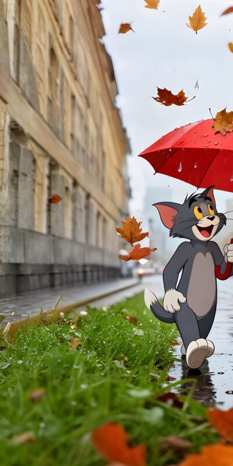 Get this Tom and Jerry 4K wallpaper for your iPhone! This matching wallpaper shows the pair walking in the rain with falling leaves, using a red umbrella, allowing you to create a seamless display across two devices.