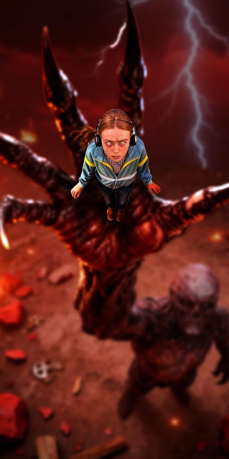 Download this gripping Max 4K wallpaper for your iPhone, capturing a pivotal scene. The wallpaper highlights the eerie, sharp claws, Max wearing headphones, and a distant Demogorgon, creating a suspenseful visual experience.