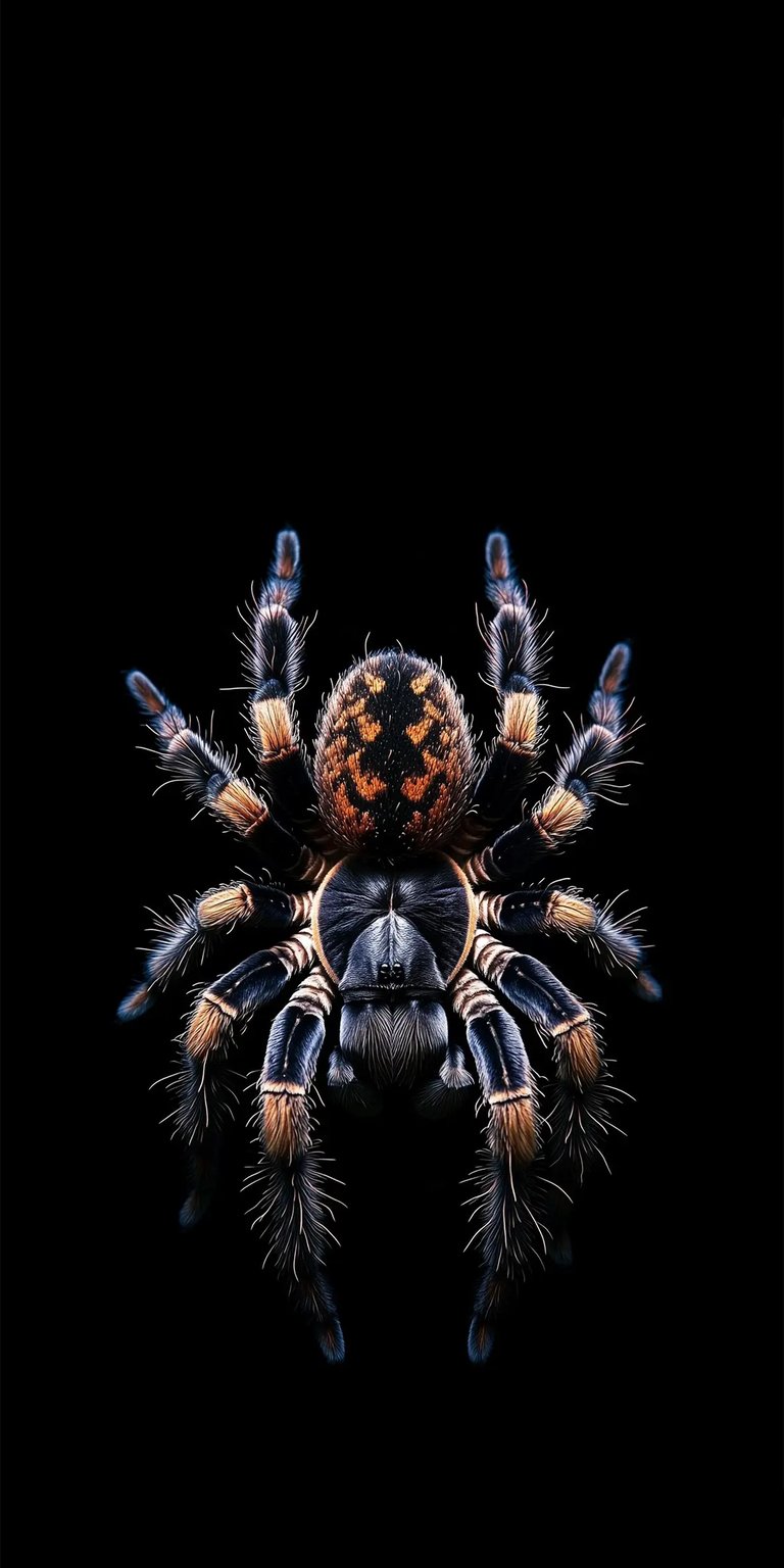 This 4K wallpaper features a highly detailed Mexican Red Knee Tarantula set against a deep black background. Optimized for iPhone, this OLED / AMOLED wallpaper showcases vibrant orange and black contrast with sharp macro textures.