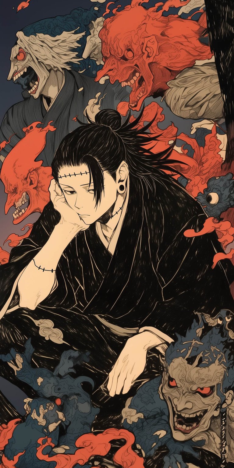 This 4K wallpaper features Kenjaku inhabiting the body of Suguru Geto, surrounded by a swirling horde of stylized cursed spirits. Perfect for an iPhone lock screen, this aesthetic wallpaper uses a bold red, cream, and black color palette to create a dark, traditional Japanese art-inspired mood.