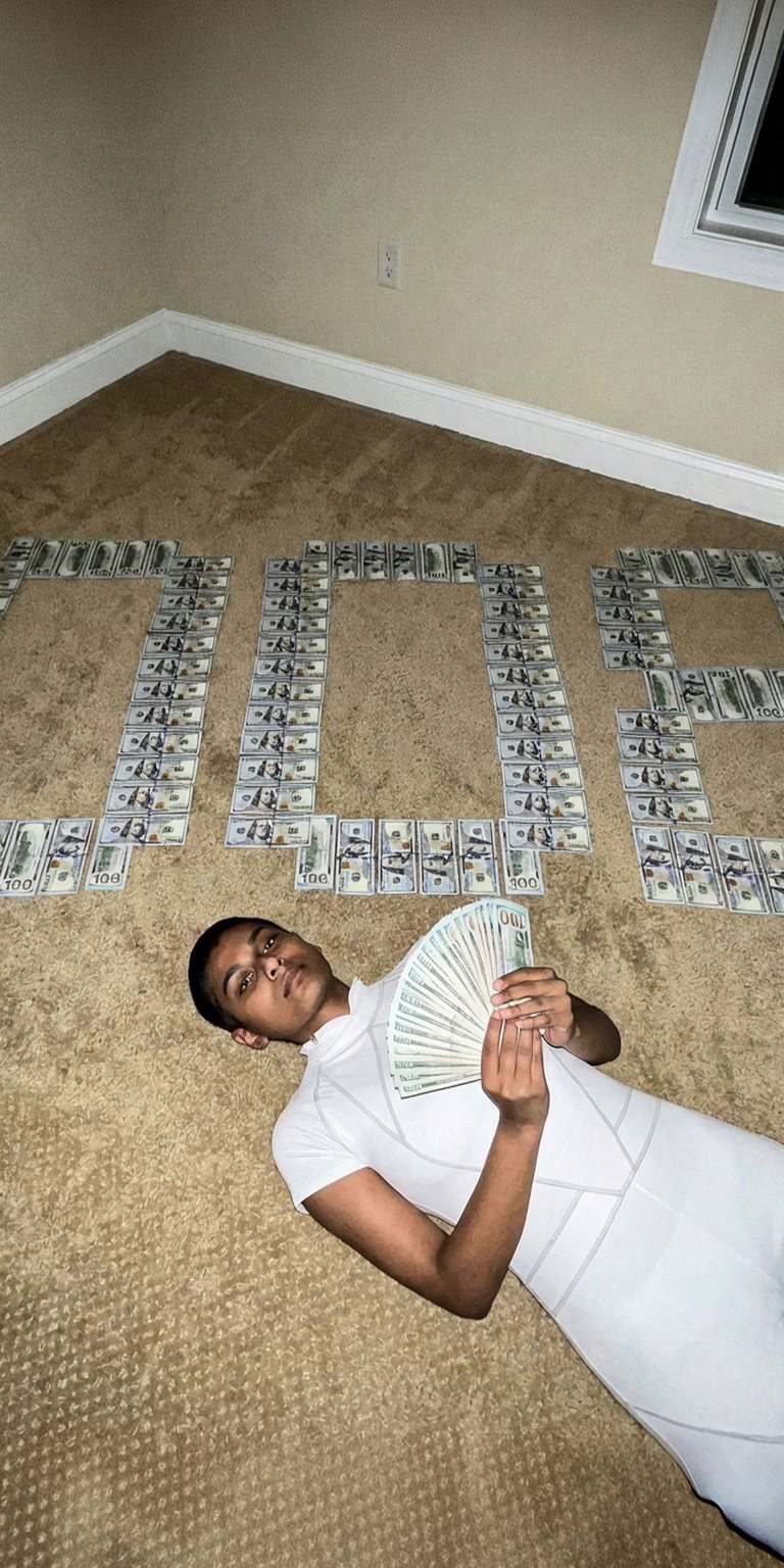 A compelling live wallpaper featuring Kali (or Eight / 008), one of the "lost sisters" from Hawkins Lab. She is lying on the floor, surrounded by dollar bills arranged to spell out "EIGHT" or "008". She is dressed in white and holds a fan of money. This wallpaper highlights her unique superpower and her connection to Eleven and the broader mythology of Stranger Things.
