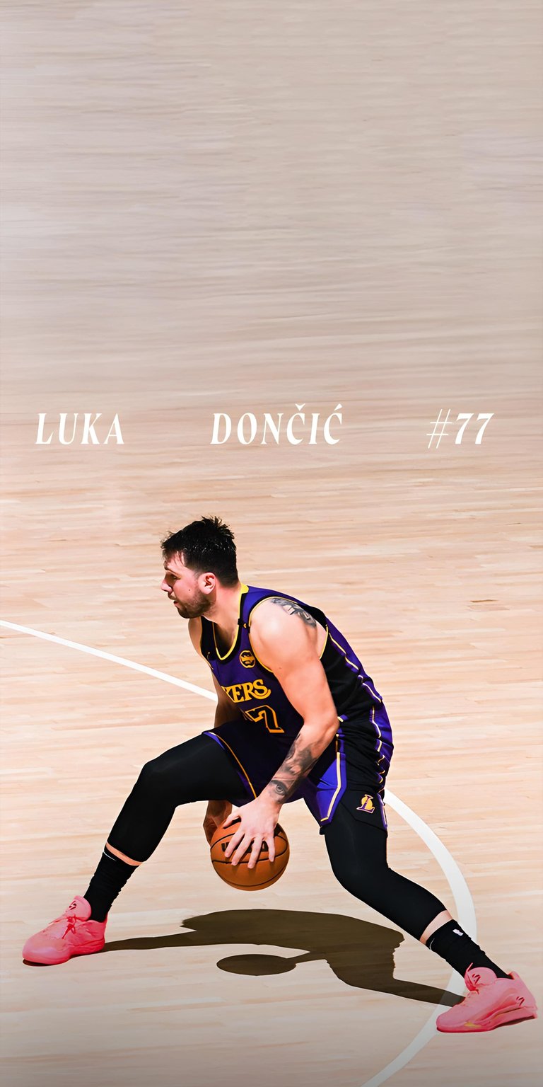 Download this stunning 4K wallpaper of Luka Dončić in action on your iPhone. The wallpaper captures him dribbling with the ball, wearing his Lakers jersey and sleek black leggings, paired with vibrant pink shoes.