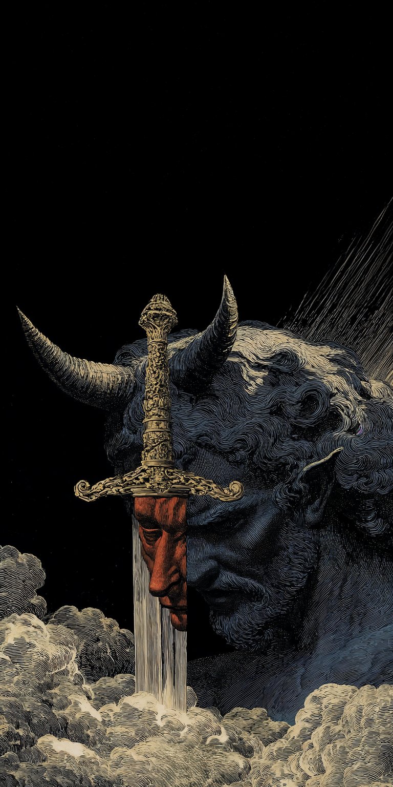 This 4K wallpaper depicts a powerful horned demon head split by a shimmering golden blade amidst swirling grey clouds. It is a bold iPhone background featuring high-contrast shadows and intricate metallic textures for a dark fantasy look.