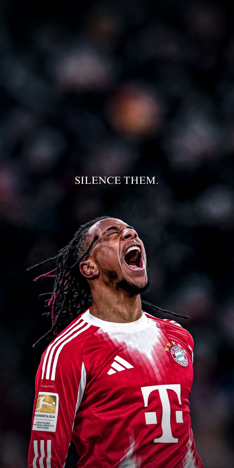 A dramatic image of Bayern Munich star winger Michael Olise in a moment of intense celebration, paired with the powerful quote: "Silence them". Ideal for football enthusiasts and adding a fierce, competitive edge to your screen.