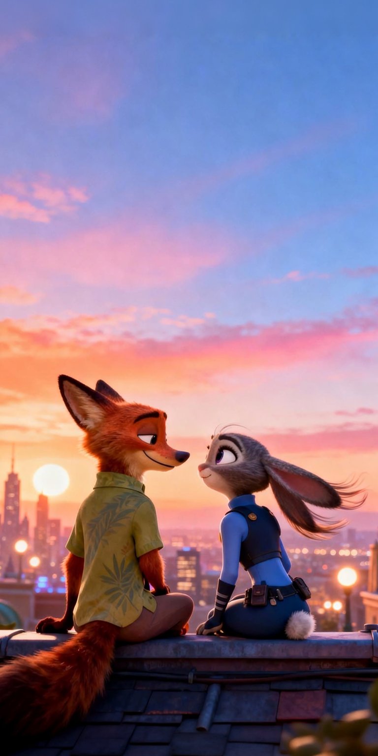 Download this heartwarming Zootopia 4K wallpaper for your iPhone, showcasing the vibrant city skyline under a pastel sunset. This wallpaper features Nick and Judy gazing at each other, sitting on a rooftop with Nick's leafy-patterned shirt.