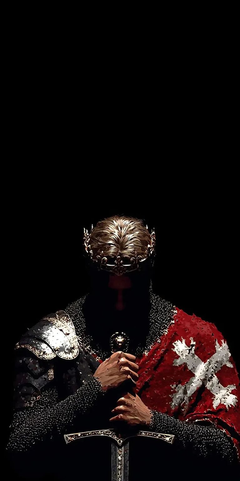 King Arthur 4K Wallpaper featuring dark medieval armor, flowing red cape, and dramatic sword lighting against a shadowed background. This aesthetic wallpaper delivers intense contrast and cinematic atmosphere, making the wallpaper perfect for iPhone lock screen and home screen setups.
