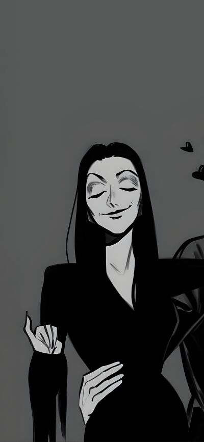 Download this Morticia and Gomez Addams 4K wallpaper for your iPhone. This matching wallpaper features the couple in grayscale, with Morticia smiling softly and Gomez kissing her arm, perfect for two people to share.