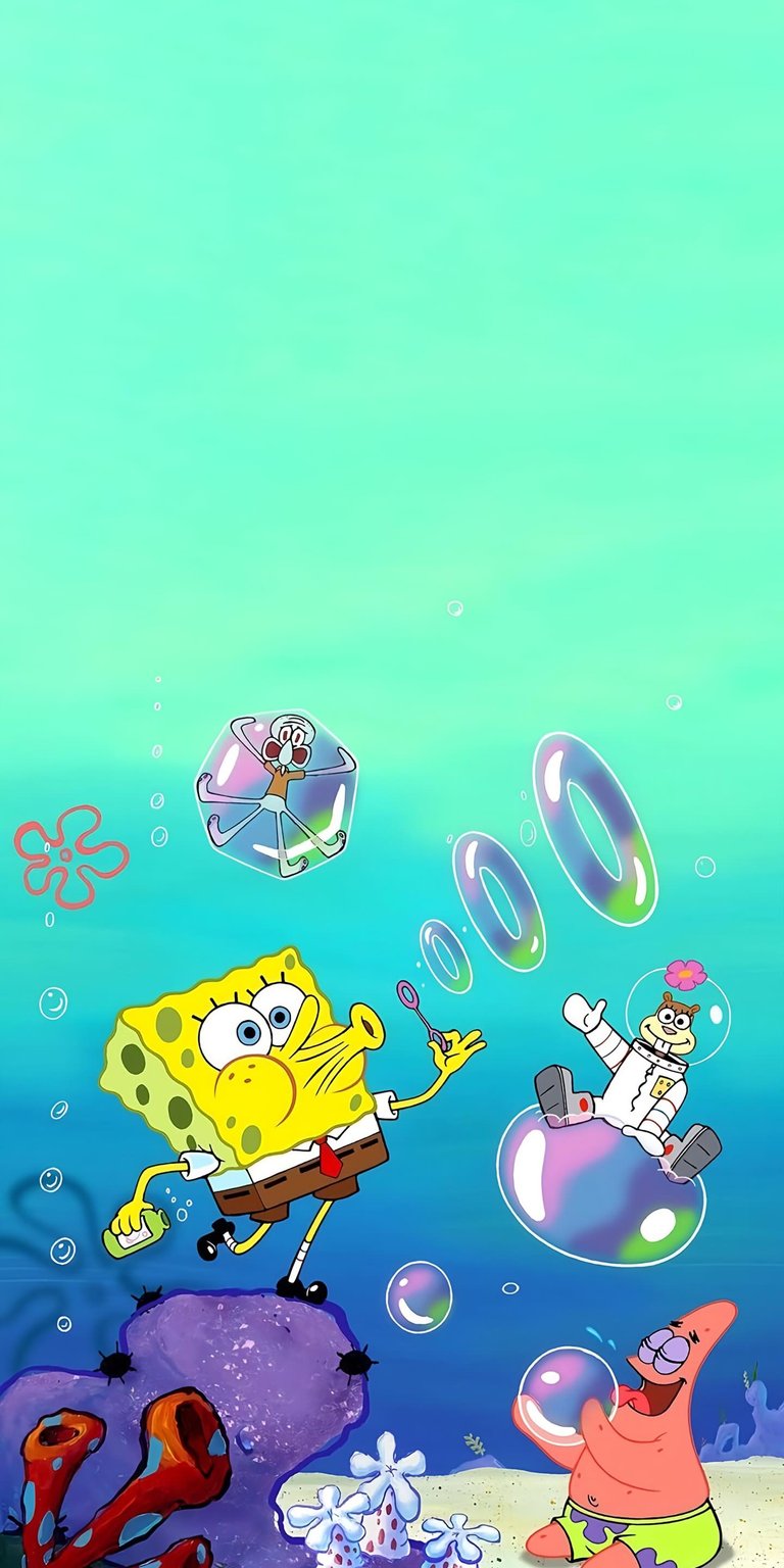 Dive into Bikini Bottom with this cheerful 4K wallpaper featuring SpongeBob SquarePants, Patrick Star, and Sandy Cheeks. The characters are depicted playing with iridescent bubbles in a bright, turquoise underwater setting. This high-quality cartoon illustration captures the fun and nostalgic energy of the beloved Nickelodeon series, making it a perfect, colorful addition to any fan's mobile screen.