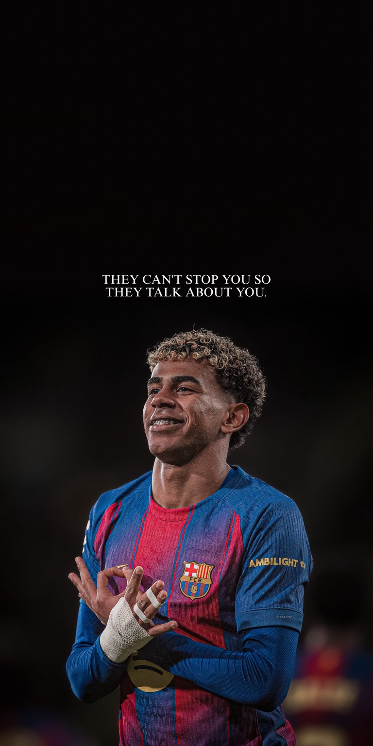 A high-definition tribute to football’s rising star, Lamine Yamal. This wallpaper features his signature celebration alongside the powerful motivational quote: "They can't stop you so they talk about you." Perfect for Barca fans looking for a sleek, modern aesthetic.