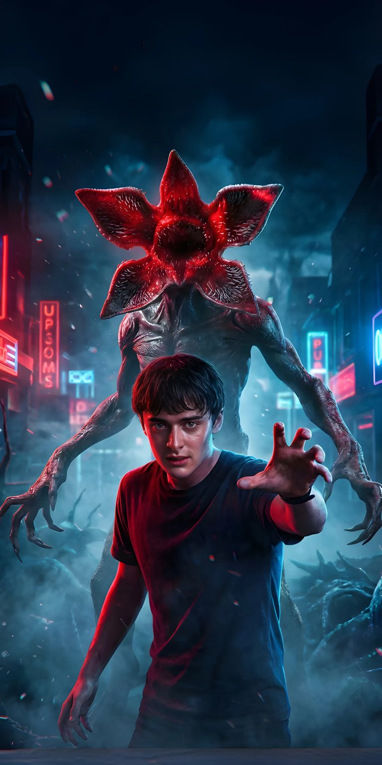Download this captivating 4K wallpaper featuring Will Byers facing the Demogorgon, perfect for your iPhone! This wallpaper showcases the Demogorgon's flower-like head, the dark blue Upside Down, and neon signs in the background.