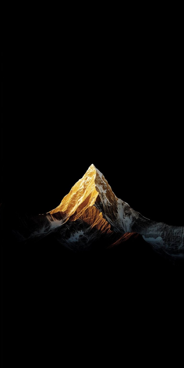This 4K wallpaper features a sharp mountain peak illuminated by golden sunlight against a deep black background. Designed specifically as an OLED / AMOLED wallpaper for iPhone, the high contrast and dramatic lighting create a sophisticated, minimalist look.