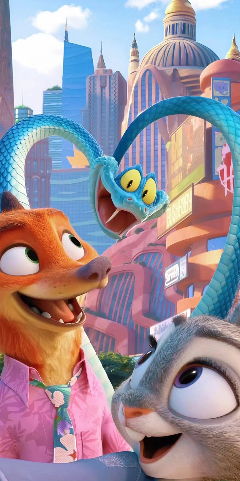 Download this vibrant Zootopia 4K wallpaper for your iPhone! Featuring Nick Wilde in a floral shirt, Judy Hopps, and a twisting blue snake, this wallpaper is a visual treat.