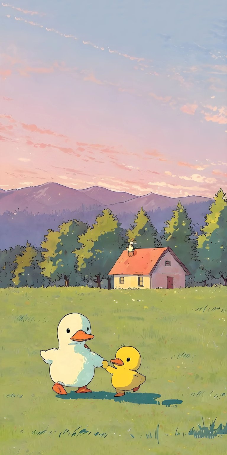 Download this adorable Ducks 4K wallpaper for your iPhone today! Featuring a quaint house with a red roof and chimney, this charming wallpaper showcases two ducks strolling through a vibrant green field under a soft, pastel sky.
