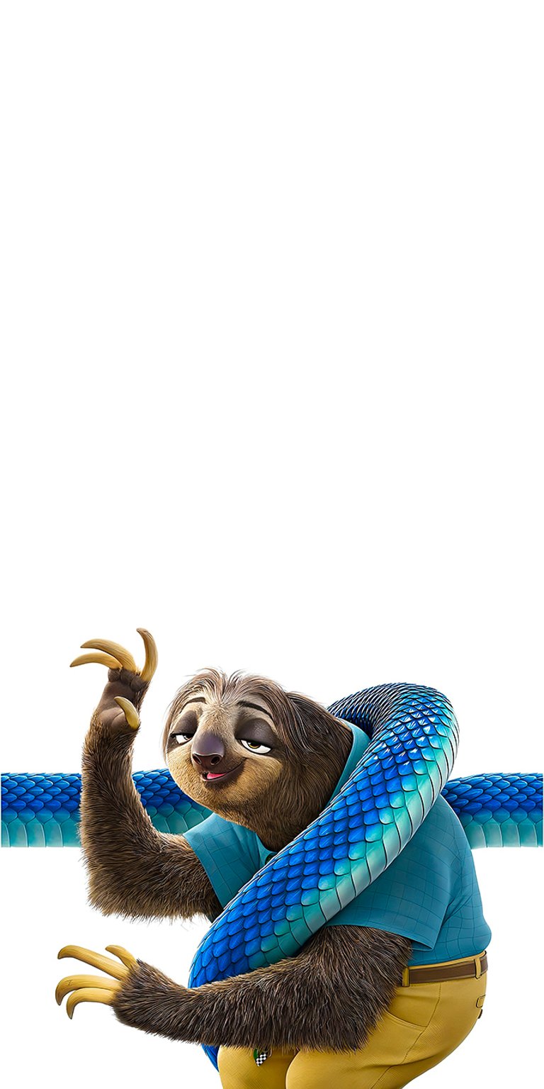 The notoriously slow-moving sloth, Flash Slothmore, is hilariously captured upside down and wrapped by the new character, the mysterious blue snake Gary De'Snake, in this official character poster for Zootopia 2. This fun image is perfect for fans of the Disney movie, character themes, and users who love a high-contrast, animated look. Works beautifully on iPhone, Android, and AMOLED displays.