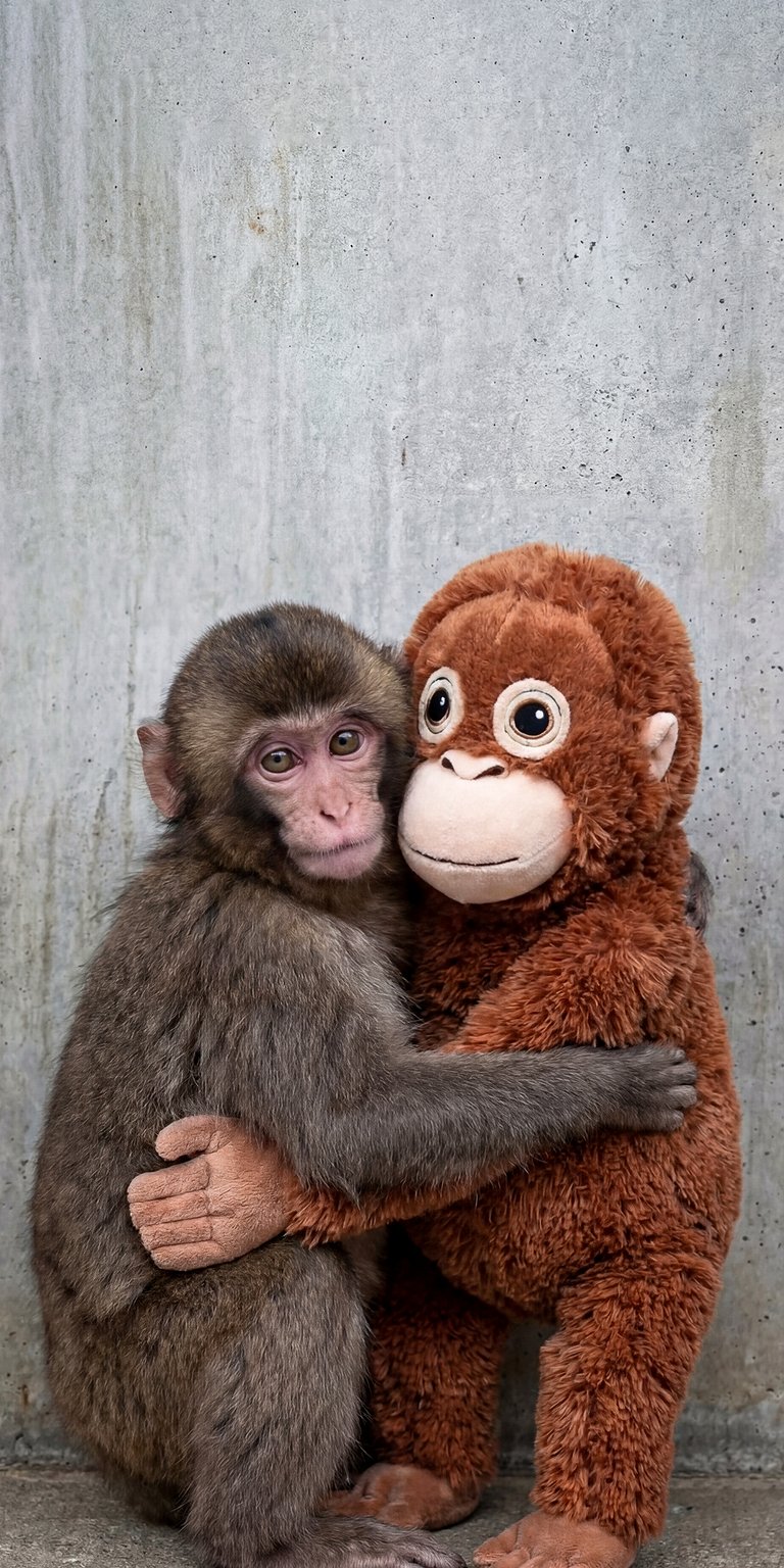This 4K wallpaper features a young monkey sharing a heartwarming embrace with an orange plush toy. It is a charming aesthetic wallpaper perfect for any iPhone user who loves nature and cute animals.