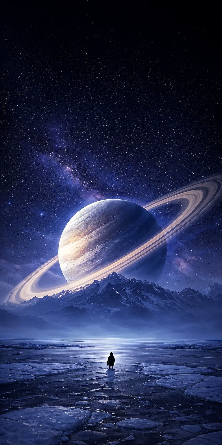 This 4K wallpaper features a small penguin standing alone on a frozen tundra beneath the massive rings of Saturn. Enhance your device with this iPhone wallpaper that blends a cosmic night sky with a detailed, icy mountain landscape.