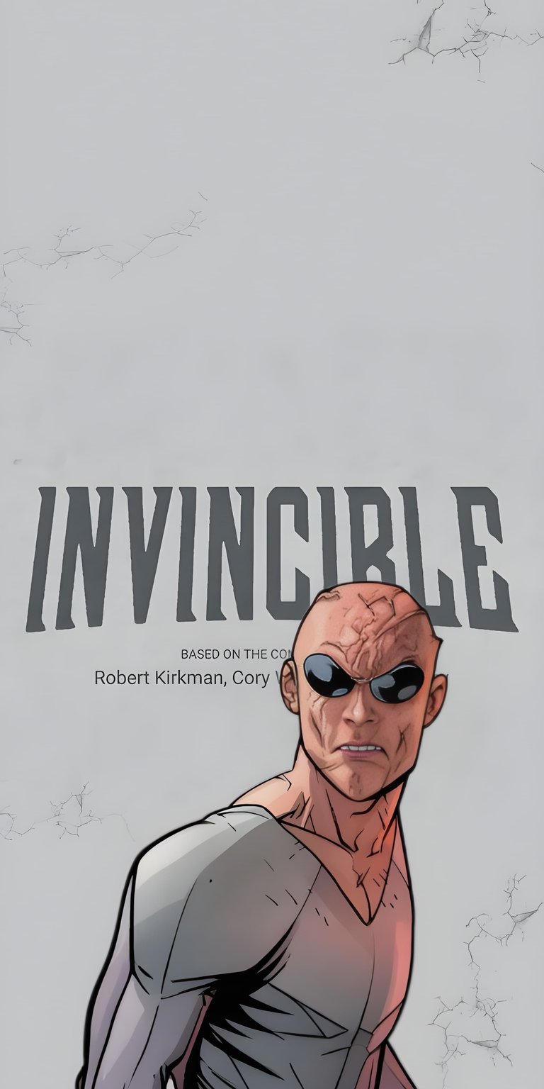 This minimalist wallpaper features the villainous Angstrom Levy from the Invincible series against a clean, cracked grey backdrop. Elevate your iPhone with this 4K wallpaper that uses muted tones and sharp comic illustrations to create a cold, intense mood.