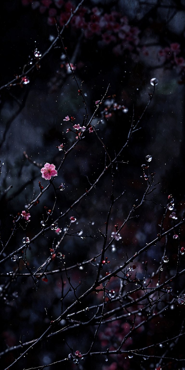 Delicate pink flowers bloom against a dark, moody forest background in this atmospheric 3D wallpaper. It is a perfect Aesthetic wallpaper for an iPhone user looking for a sophisticated, high-contrast look.