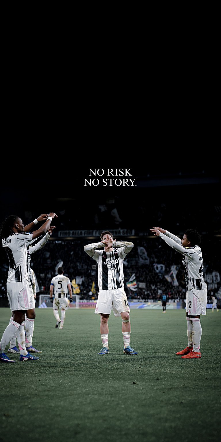 This Kenan Yıldız 4K wallpaper is perfect for iPhone users who prefer high-contrast OLED wallpapers. The visual captures the Juventus star celebrating on the pitch under a centered "No Risk No Story" quote against a deep black background.