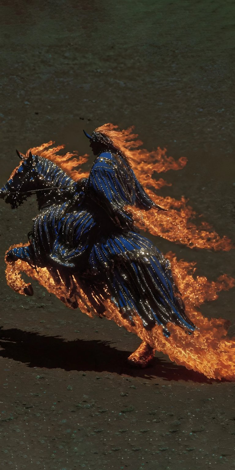 Download this stunning Horse Fire 4K wallpaper for your iPhone, showcasing a majestic horse engulfed in flames with a rider donning a horned helmet and a blue, metallic-threaded coat. This high-resolution wallpaper is sure to captivate with its fiery details and dramatic flair.