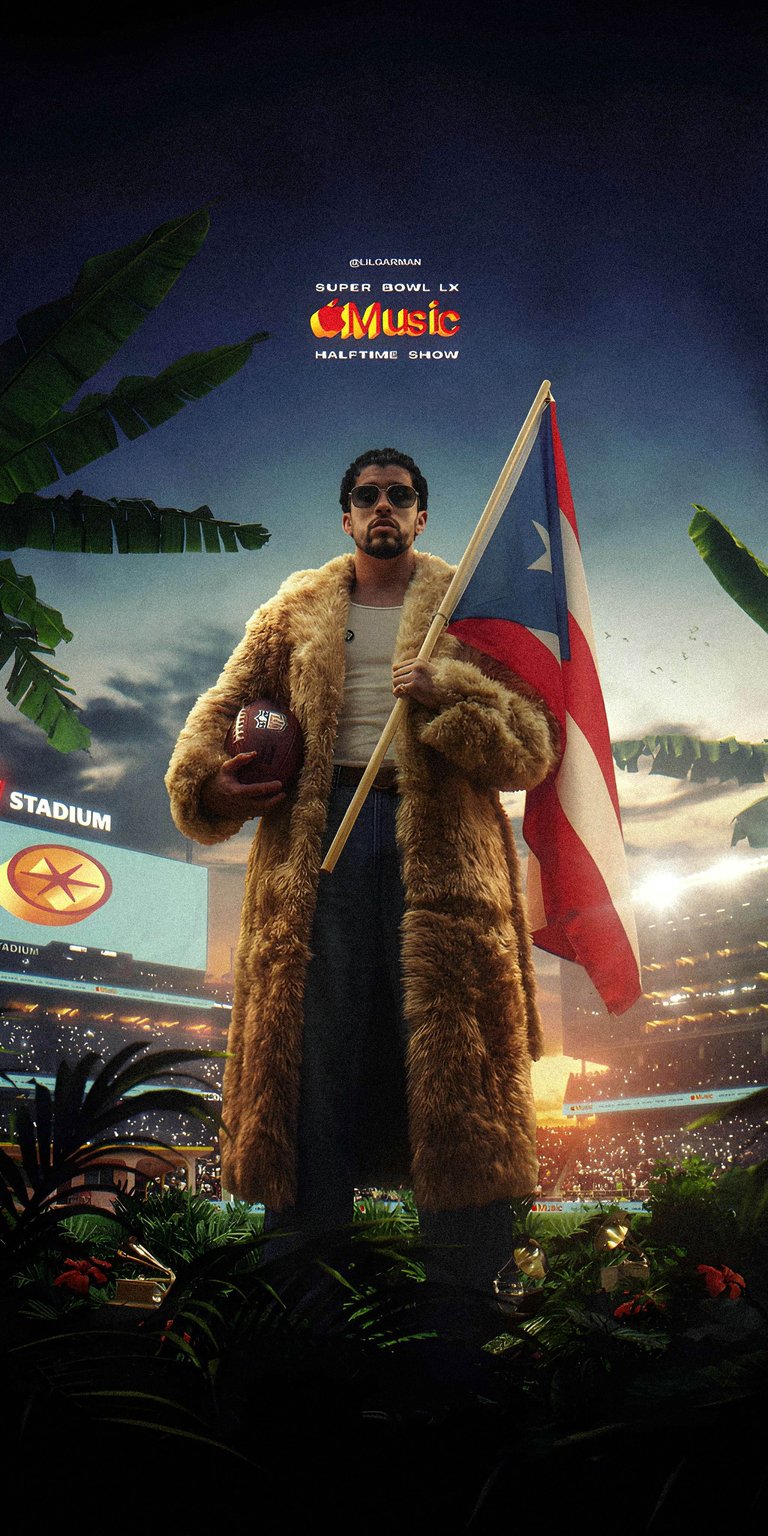 Download this eye-catching Bad Bunny wallpaper in 4K for your iPhone, capturing the artist in a luxurious fur coat holding a football and a Puerto Rican flag. This striking wallpaper features a stadium backdrop and tropical foliage.