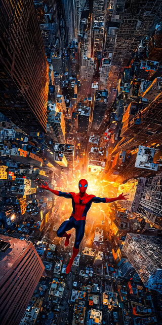 Spiderman falling with city view wallpaper iPhone 4K