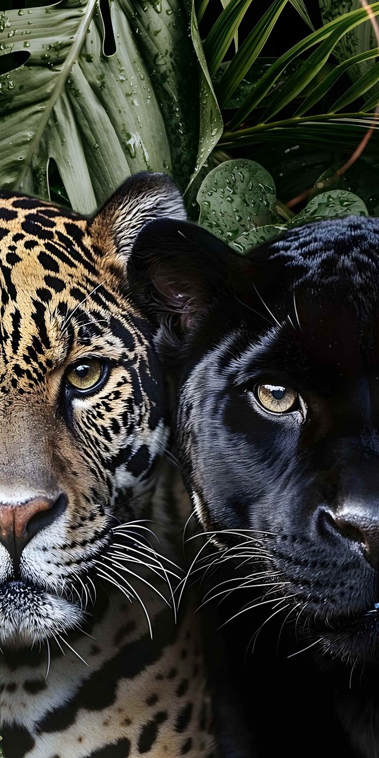 This high-contrast 4K wallpaper features a stunning close-up of a jaguar and a black panther set against lush green jungle foliage. Perfect for an iPhone lock screen, this aesthetic wallpaper captures the intense gaze and intricate fur patterns of these majestic big cats.